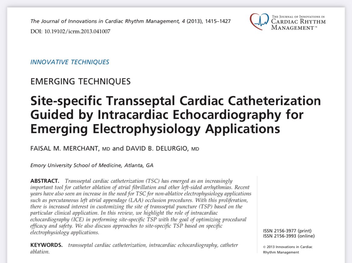 Jeffrey M Vinocur (@jeffrey_vinocur) on Twitter photo Although a couple years old, this <a href="/JICRM/">JICRM</a> article about ICE-guided site-specific transseptal puncture by <a href="/FaisalMMerchant/">Faisal Merchant</a> and <a href="/DavidBDeLurgio/">David DeLurgio</a> is still very instructive
innovationsincrm.com/cardiac-rhythm… Although a couple years old, this <a href="/JICRM/">JICRM</a> article about ICE-guided site-specific transseptal puncture by <a href="/FaisalMMerchant/">Faisal Merchant</a> and <a href="/DavidBDeLurgio/">David DeLurgio</a> is still very instructive
innovationsincrm.com/cardiac-rhythm…