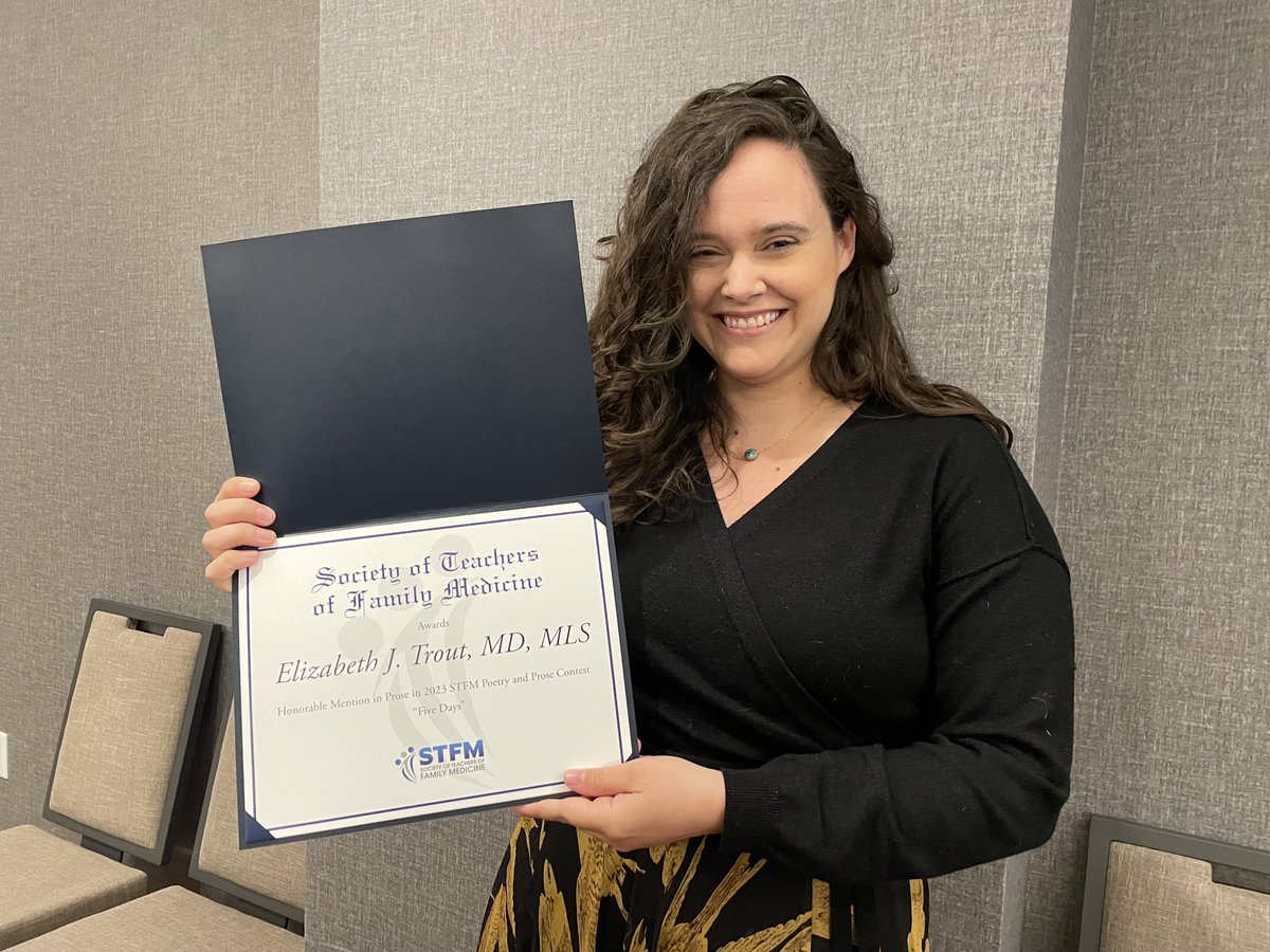 myncafp's tweet photo. Congratulations to North Carolina’s Dr. Elizabeth Trout for winning honorable mention in the @STFM_FM prose contest at their Annual Meeting. https://t.co/ysQ5Hurk9y