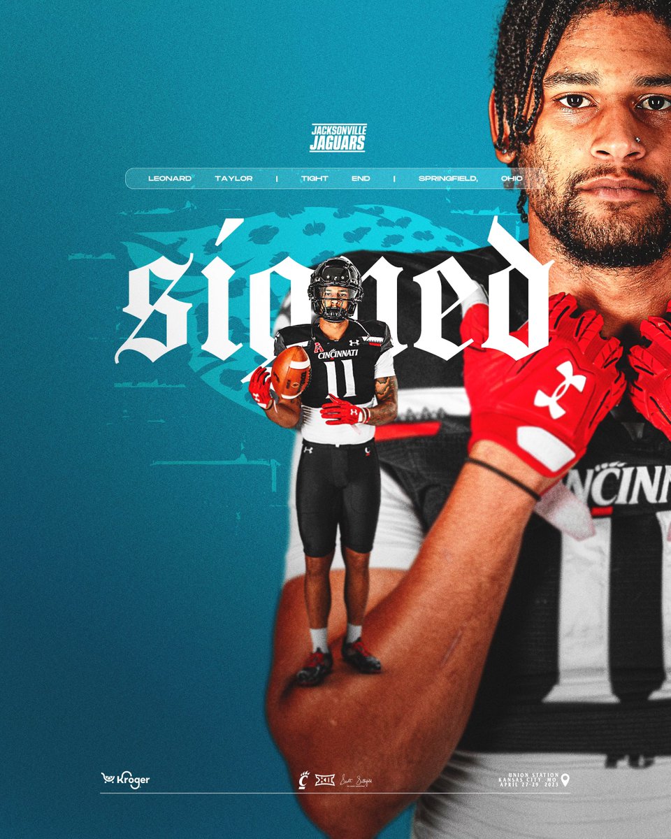 Cincinnati Football (@gobearcatsfb) on Twitter photo Cincinnati ➡️ Jacksonville
<a href="/GetLiveLT_11/">Leonard “ LT “ Taylor 🗣</a> joins the <a href="/Jaguars/">Jacksonville Jaguars</a>!
#Bearcats | cpaw.me/NFL23 Cincinnati ➡️ Jacksonville
<a href="/GetLiveLT_11/">Leonard “ LT “ Taylor 🗣</a> joins the <a href="/Jaguars/">Jacksonville Jaguars</a>!
#Bearcats | cpaw.me/NFL23