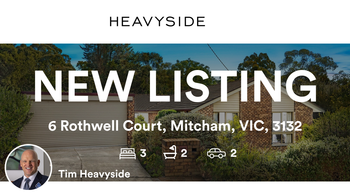 🛌 3 🛀 2 🚘 2
📍 6 Rothwell Court, Mitcham, VIC, 3132

My latest listing on RateMyAgent.

rma.reviews/iF3of8FhMgQh

...
#ratemyagent #realestate #HEAVYSIDE