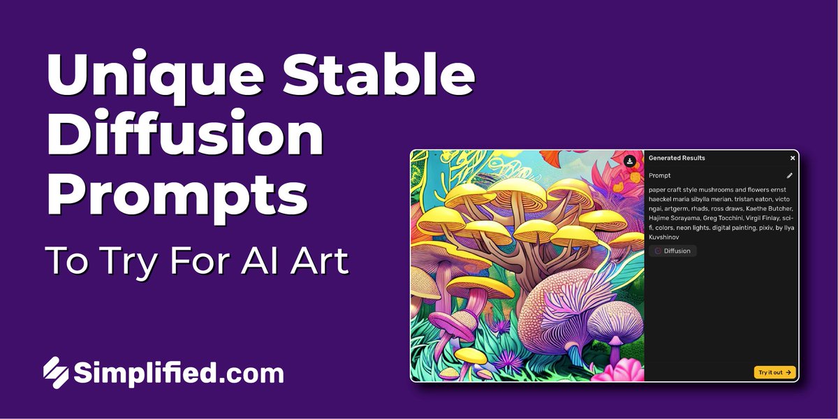 R2D3io's tweet image. 15 Unique Stable Diffusion Prompts To Try For Your AI Art

👉🏽 Try Simplified for FREE, sign up here: 
smpl.is/6v1z6
#AItools #automation #simplifiedai #contentautomation #chatgpt #Simplified #AI #ContentCreator #productivity