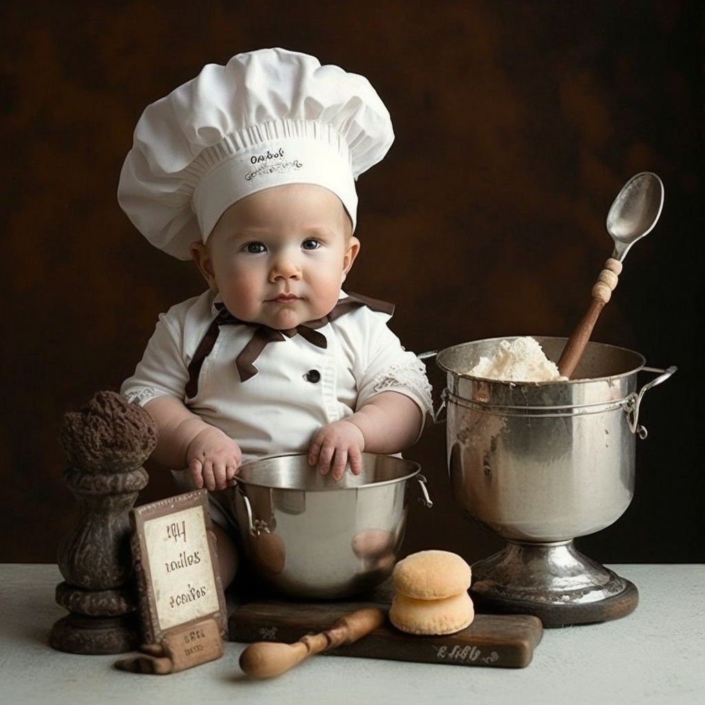 cesar20984's tweet photo. A charming baby chef, dressed professionally in a whimsical kitchen scene, exuding cuteness &amp; sophistication. A cozy atmosphere with soft, warm lighting. 🍽👶 #midjourney #AIArtworks #BabyChef. Prompt in Alt. https://t.co/ccxqz3GbWp