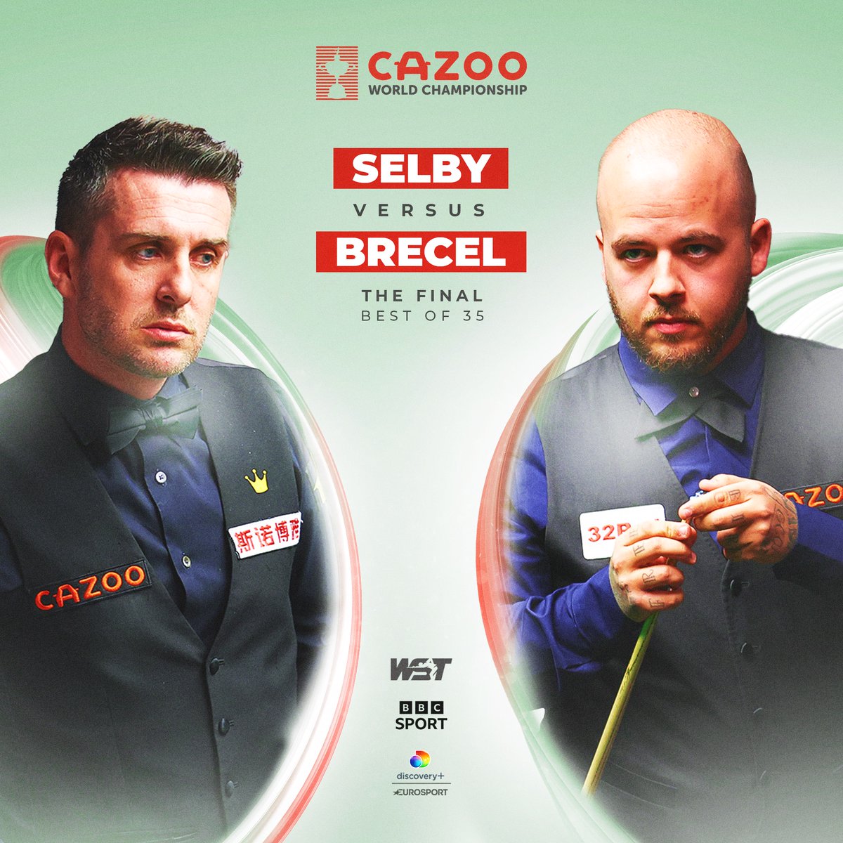 WeAreWST's tweet photo. We're all set.

Mark Selby vs Luca Brecel, 2023 Cazoo World Championship final.

#CazooWorldChampionship https://t.co/P312HAHqsc