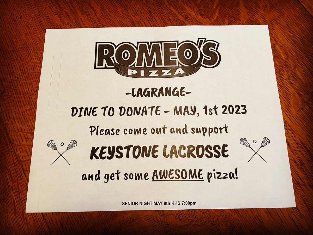 MAY 1ST DINE AND DONATE ROMEO’S LAGRANGE. Please come out and support Keystone Lacrosse.
