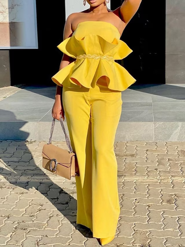Women's Jumpsuit Ruffle Backless Solid Color Strapless Streetwear Party Going out Regular Fit Sleeveless Yellow S M L Spring