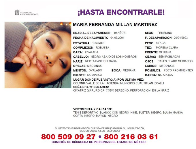 _LaAlameda's tweet photo. #TeBuscamos María Fernanda Millán Martínez, 19 años, 20/4/23 #ColValleDeLaHacienda #CuautitlanIzcalli  #911 @Nayeli_Mora https://t.co/VhfPCM0FFr