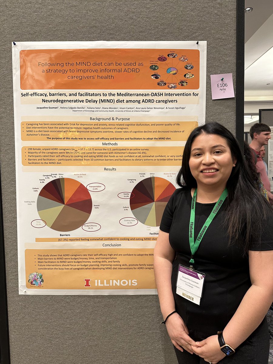 HEALab__'s tweet photo. Our newest Doctora @JacquelineGuz_ presented data from her dissertation which focused on self-efficacy, barriers, and facilitators to the MIND diet among #ADRD caregivers at #SBM2023! @KCHillinois @AHSIllinois @BehavioralMed https://t.co/IBrSApmnJE