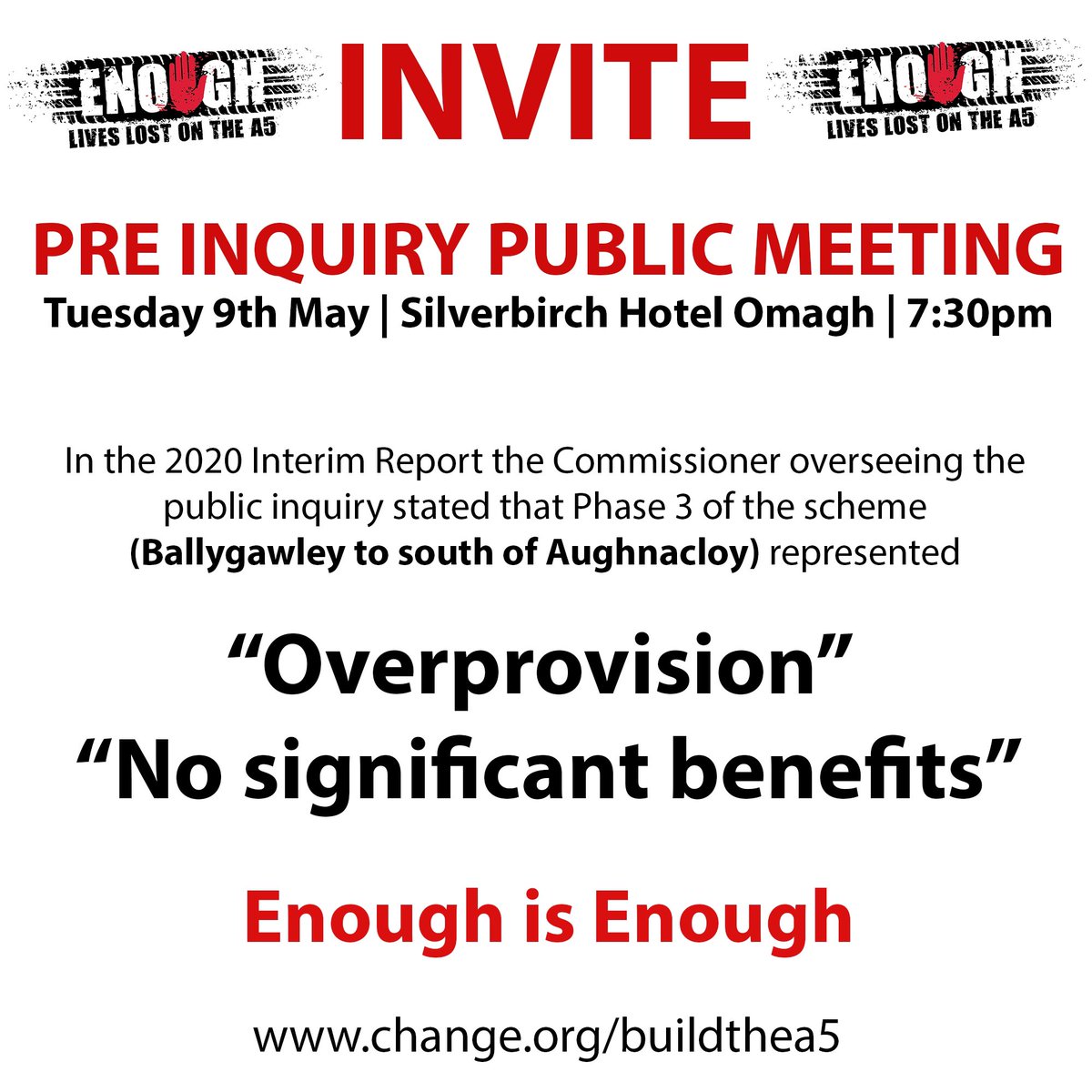 Overprovision and No Significant Benefits

We can choose to read and ignore these things in the hope that they will never impact on our family or we can change the narrative. Please read this carefully, share it, sign up and if possible plan to attend. 

change.org/buildtheA5
