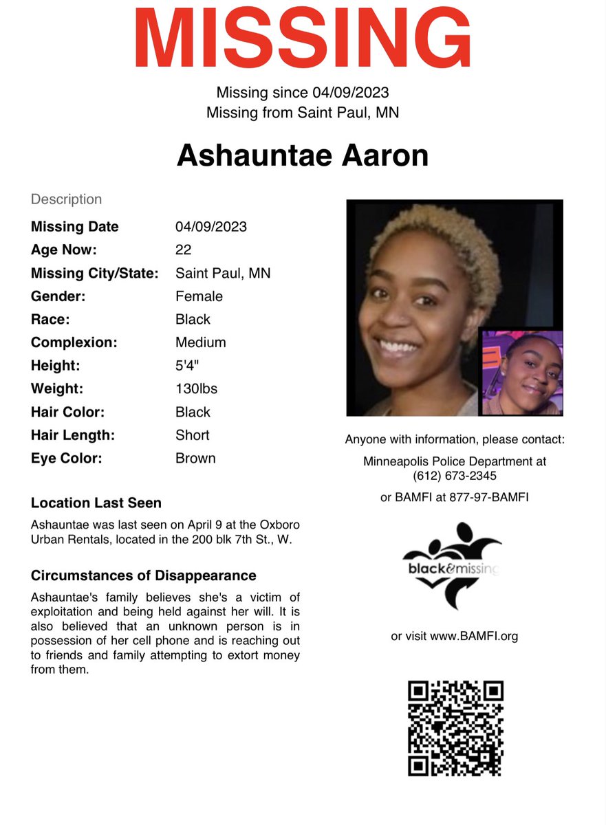BAM_FI's tweet photo. St. Paul, MN: 22y/o Ashauntae Aaron was last seen on April 9 at the Oxboro Urban Rentals, located in the 200 blk 7th St., W. 
Ashauntae's family believes she's a victim of exploitation and being held against her will.
#HelpUsFindUs #AshauntaeAaron @MinneapolisPD https://t.co/tC1dMAAJiw