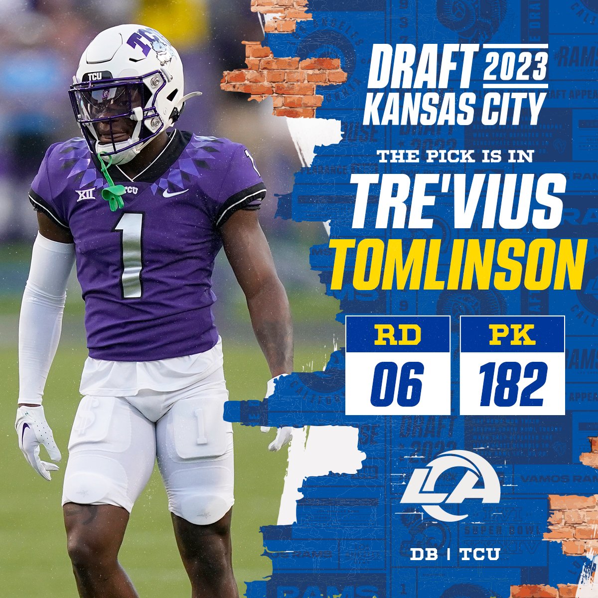 NFL's tweet image. With the 182nd pick in the 2023 @NFLDraft, the @RamsNFL select DB Tre'Vius Tomlinson!

📺: 2023 #NFLDraft on NFLN/ESPN/ABC
📱: Stream on NFL+ bit.ly/3Nk9PrV