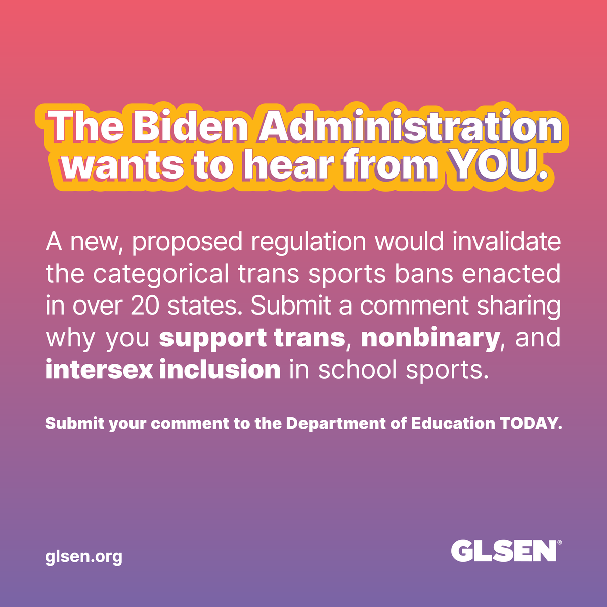 GLSEN's tweet photo. Tell the Biden administration that ALL trans, nonbinary, and intersex students deserve the right to play. 

Submit your comment today ➡️ https://t.co/pCZhWimnsl

#LetKidsPLay #RiseUp4LGBTQ https://t.co/6Sh2rJes8X