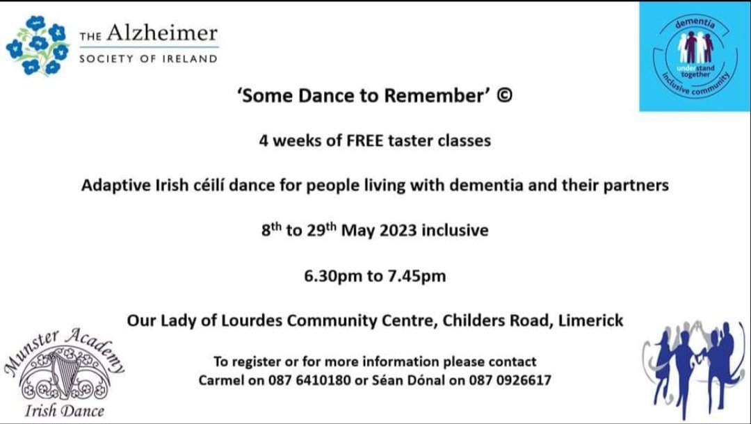 Great opportunity for some fun and dance.  Every Monday for 4 weeks starting the 8th of May. Please feel free to share @alzheimersocirl @drnire @DCCNIRL @MunsterMc1 @IrishDementiaWG #Understandtogether @Limerick_Leader @UL @KurianShyna