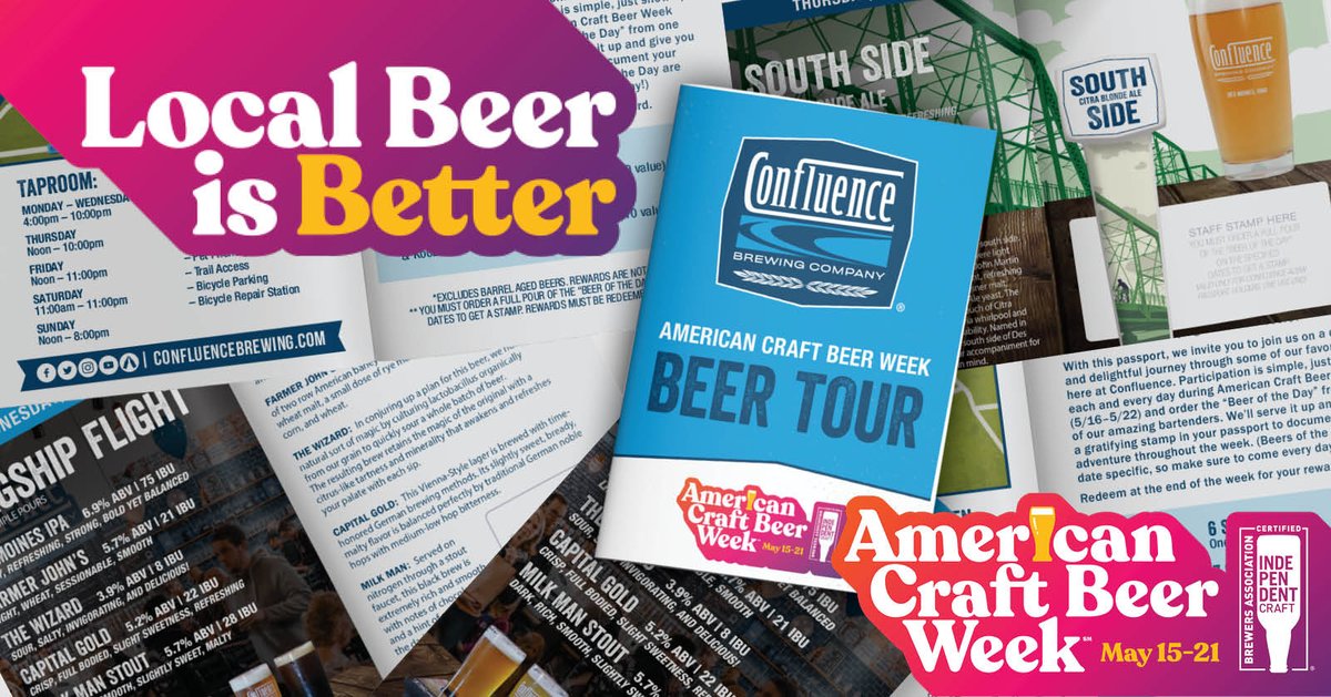 ConfluenceBrew's tweet photo. American Craft Beer Week kicks off on Monday, May 15th! Grab a passport and get it stamped by ordering the Beer of the Day throughout the week. The more stamps, the more rewards! Pick a passport up in the taproom now and check it out!

*See passport for more details https://t.co/U9AB55VHjH