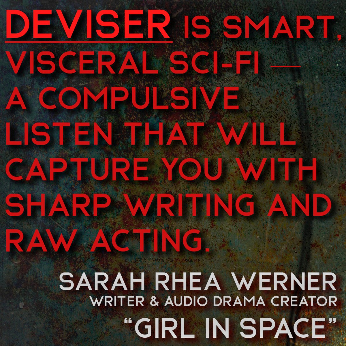 DeviserCast's tweet photo. 2 Days Until #Deviser 

I'm so grateful for people like @SarahRheaWerner from @girlinspacepod! Thank you for listening early and your amazing feedback.  

DEVISER is everywhere May 1st

#GirlInSpace #AudioDrama #Horror #HorrorPodcast #Malevolent #RustyQuill

@TheRustyQuill https://t.co/EDzJ9nH2NN