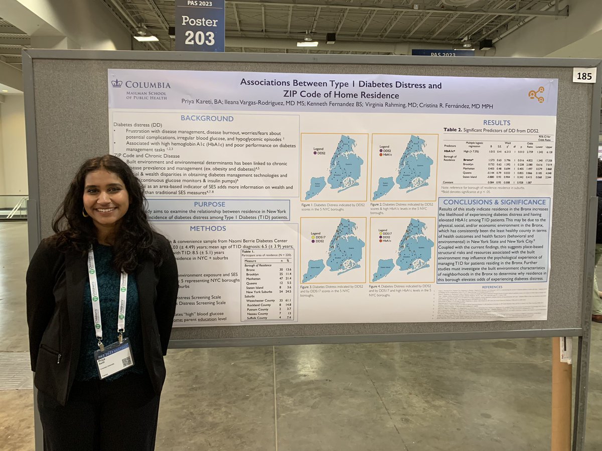 DrCFernandez's tweet photo. Congrats to my mentee Priya on her research poster at #PAS2023 on the association between T1D and diabetes distress and home zip code @PASmeeting @KidsAtColumbia https://t.co/OvwQcTXOv4