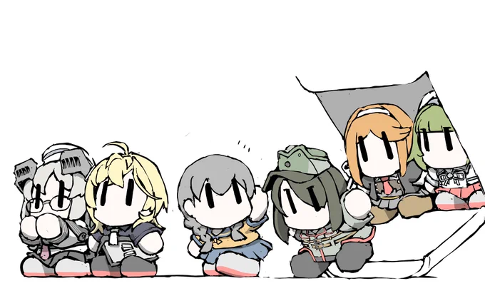 艦これラクガキ、新任まめ艦ズ^^ たすかるーさ、へいうっど、ゆうぐれ、のうみ、ももち、くまのまる 折角なのでみんな一緒に^^
