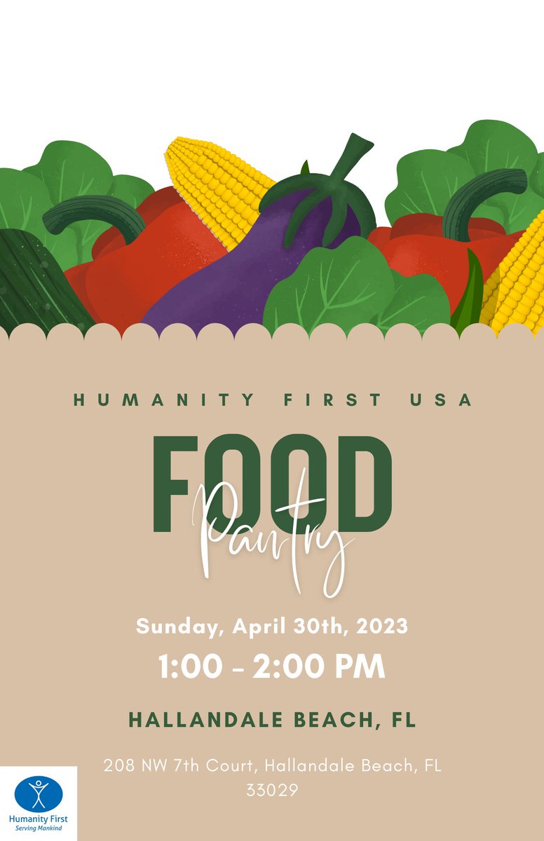 HFFoodSecurity's tweet photo. Humanity First USA will be having a food distribution this Sunday, April 30th from 1:00 - 2:00 PM at Baitul Naseer Mosque in Hallandale Beach, FL.  #HumanityFirst #FoodPantry #Hallandale
@MYHBeach @MayorCooper @WPLGLocal10
@MiamiIslam https://t.co/sTve0KZ8df