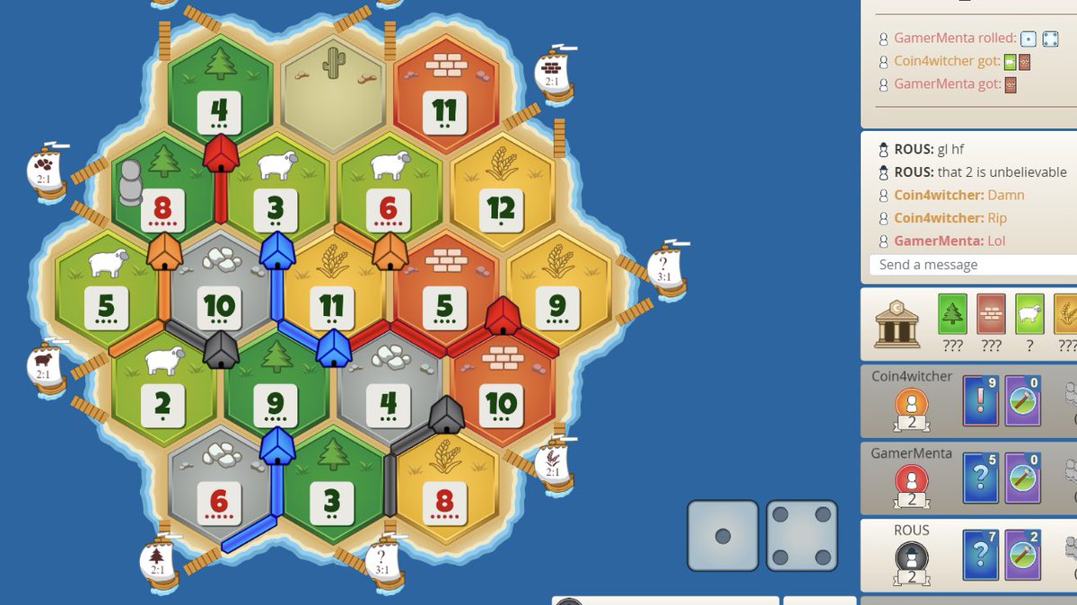 ShuteCatan's tweet photo. Look in center at 11/4/9 and behold a beautiful Blue Shuting of red, and the amusement in the chat

#Catan 
#SettlerSaturday 
#SettlersofCatan
@settlersofcatan 
@Catan_Community 
@CatanChats 
@CatantPod https://t.co/F6NK2taeYz