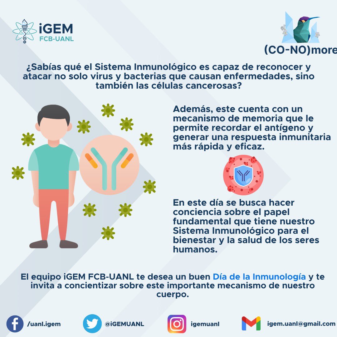 iGEM FCB-UANL (@igemuanl) on Twitter photo Hoy celebramos el día internacional de la inmunología 🥳💉🔬
Les dejamos aquí unas cuantas curiosidades sobre esta increíble ciencia, ¡Compártelo a tu inmunólogx favoritx! 🙌🏼 Hoy celebramos el día internacional de la inmunología 🥳💉🔬
Les dejamos aquí unas cuantas curiosidades sobre esta increíble ciencia, ¡Compártelo a tu inmunólogx favoritx! 🙌🏼