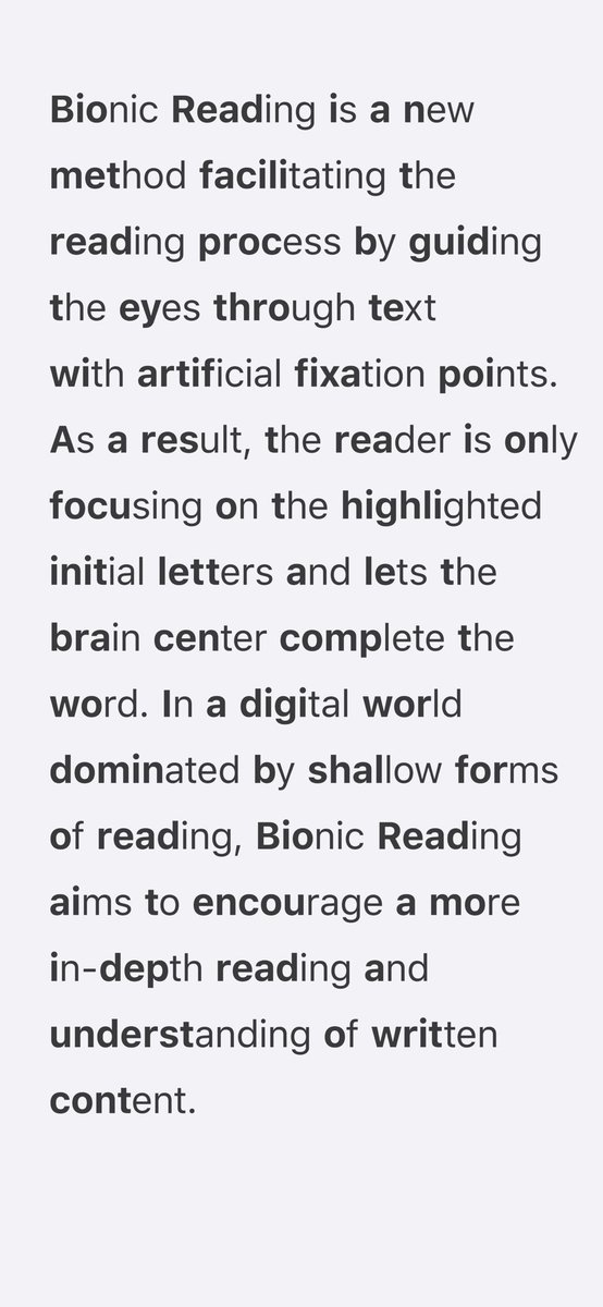 Corgiboltz's tweet photo. As someone who is very dyslexic. I hope one day games include the Bionic reading in the accessibility options.
 Ive always had an extremely hard time reading long paragraphs and obviously books. My mind will wonder and jumble everything together. Bionic reading has changed that. https://t.co/zHBfmivXjZ