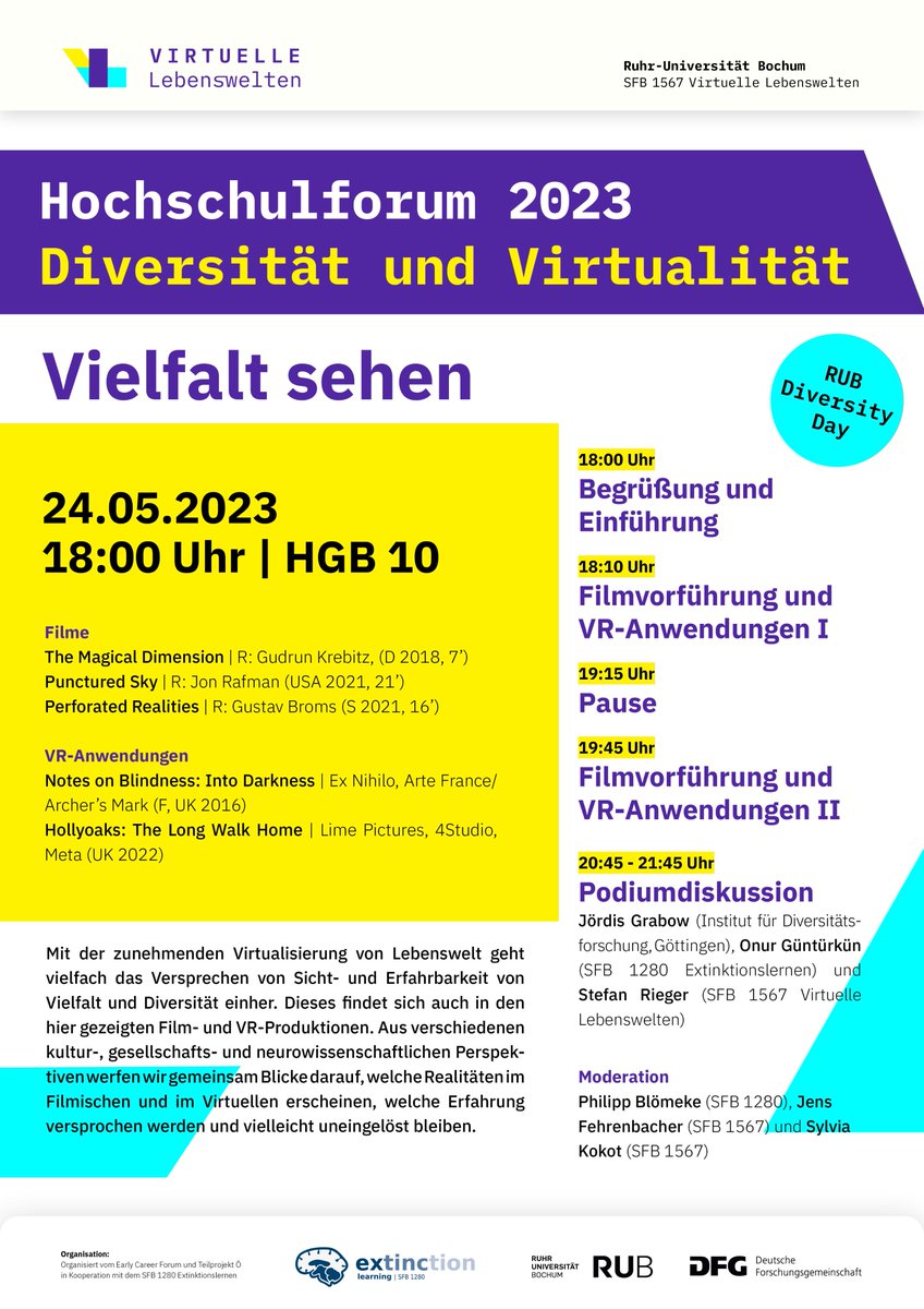 #SavetheDate Am 24. Mai 2023 (RUB Diversity Day) findet als Teil des ersten Hochschulforums „Diversität und Virtualität“ die Film- und VR-Vorführung „Vielfalt sehen“ im #SFB1567 statt. Filme anschauen, VR-Anwendungen ausprobieren, mitdiskustieren. Infos ⬇️
sfb1567.ruhr-uni-bochum.de/blog-post/hoch…