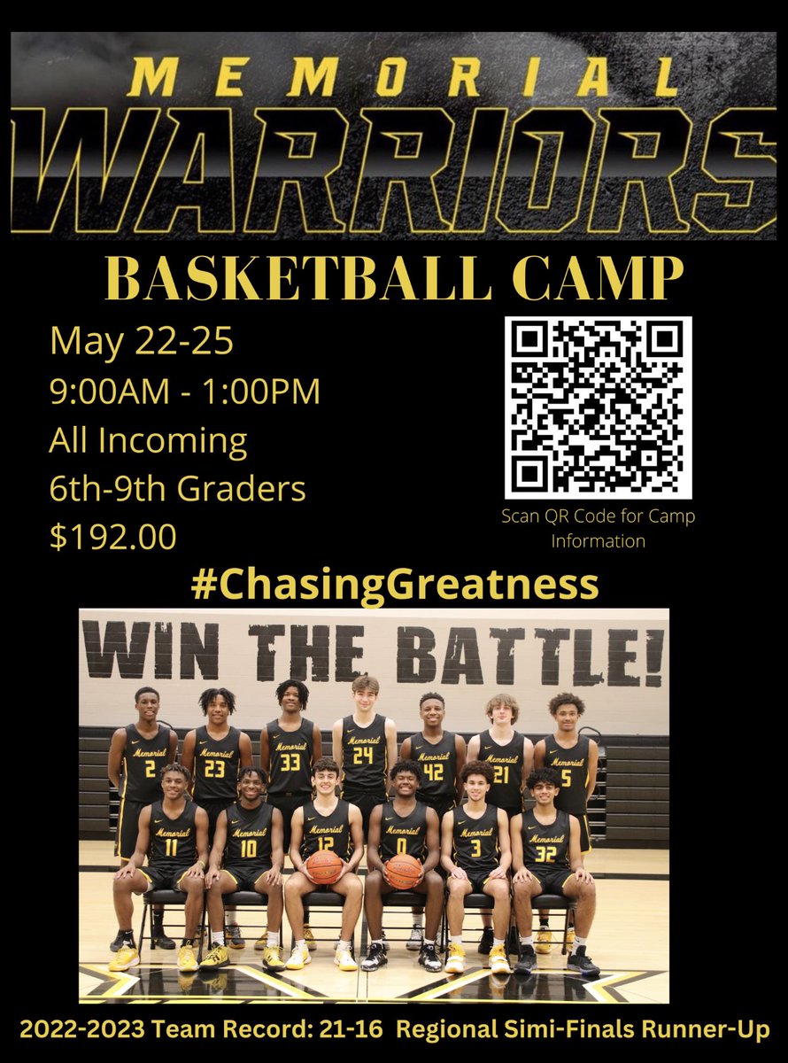 Frisco Memorial Basketball (@friscomemo_bb) on Twitter photo 🗣️🗣️🗣️🗣️🗣️🗣️🗣️🗣️🗣️🗣️🗣️🗣️🗣️🗣️
LET’S GO!!!! It’s time to grind and get better. 
🚨Warrior Basketball Camp
📍Memorial HS 
🗓️ May 22-25
⏰ 9:00am - 1:00pm
Scan the QR code to register 🗣️🗣️🗣️🗣️🗣️🗣️🗣️🗣️🗣️🗣️🗣️🗣️🗣️🗣️
LET’S GO!!!! It’s time to grind and get better. 
🚨Warrior Basketball Camp
📍Memorial HS 
🗓️ May 22-25
⏰ 9:00am - 1:00pm
Scan the QR code to register