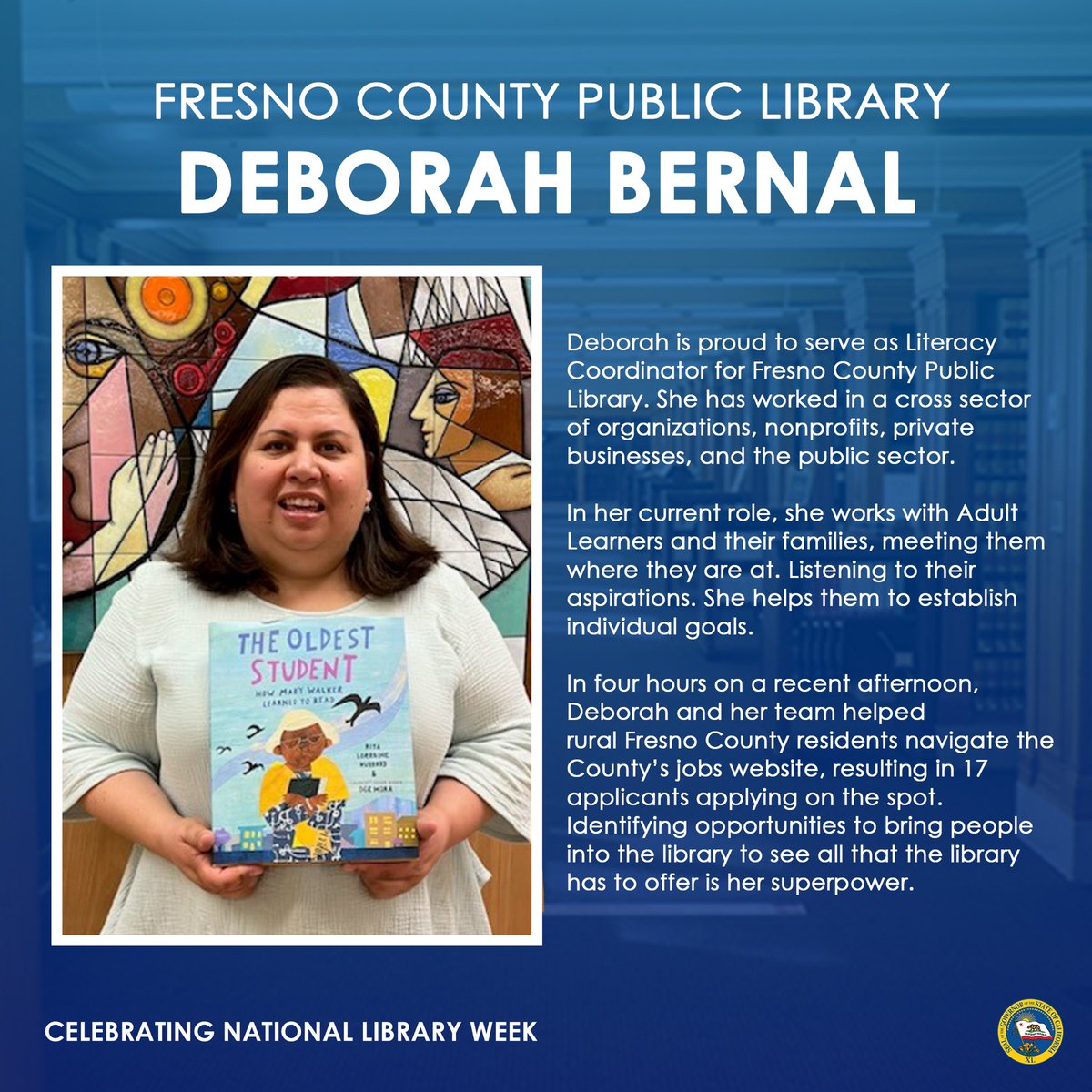 .@FCPL librarian Deborah Bernal is empowering adult learners.

On a recent afternoon, Deborah and her team helped rural Fresno County residents navigate the county’s jobs website so they can learn how to apply for work in their community!