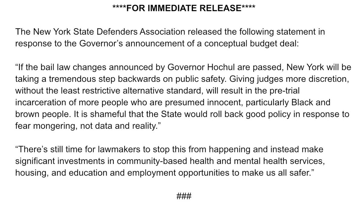 NYSDA calls on lawmakers to stand firm again bail law changes.