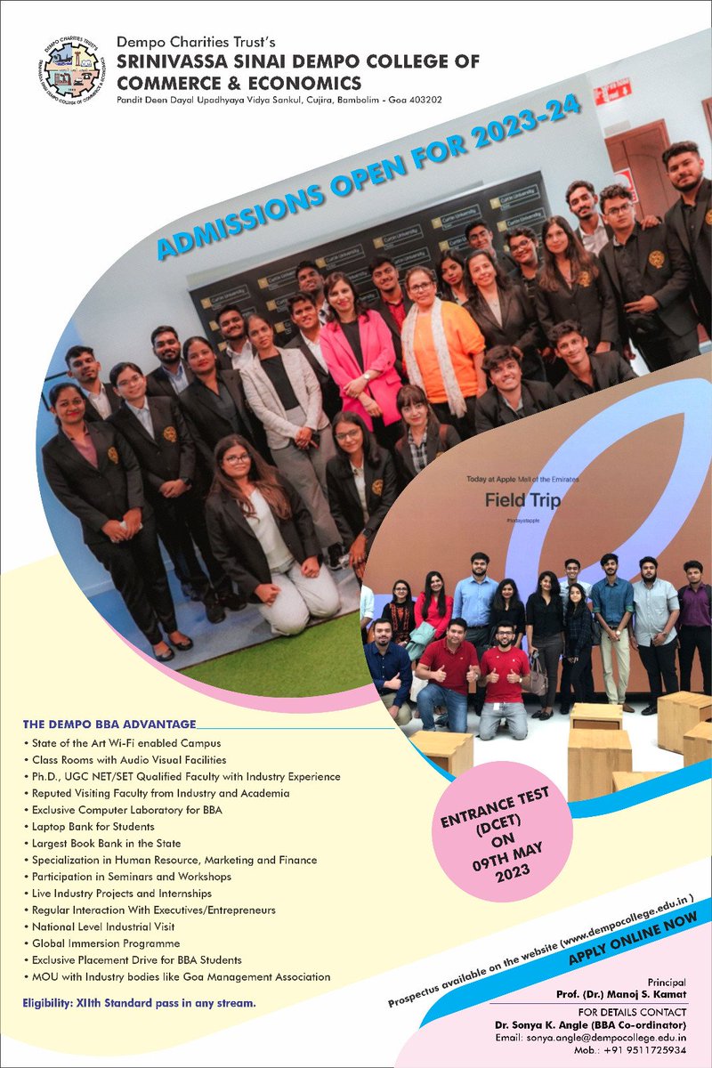 dempocollegegoa's tweet photo. #AdmissionsOpen to Goa's most sought after BBA Program!!  
With the best #Faculty, to the best #Infrastructure, to the best #Opportunities.. we strive to be the best!  

Entrance Test (DCET) to be held on 9th May 2023. Kindly #RegisterNow and #share with #friends and #family. https://t.co/vBJsrD838K