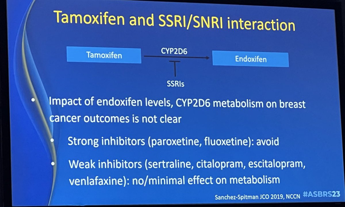 Akiko Chiba, MD, FACS (@chibaakiko) on Twitter photo Which SSRIs should be avoided if with tamoxifen use? Excellent summary by <a href="/AnnaWeissMD/">Anna Weiss</a> #ASBrS23 Which SSRIs should be avoided if with tamoxifen use? Excellent summary by <a href="/AnnaWeissMD/">Anna Weiss</a> #ASBrS23