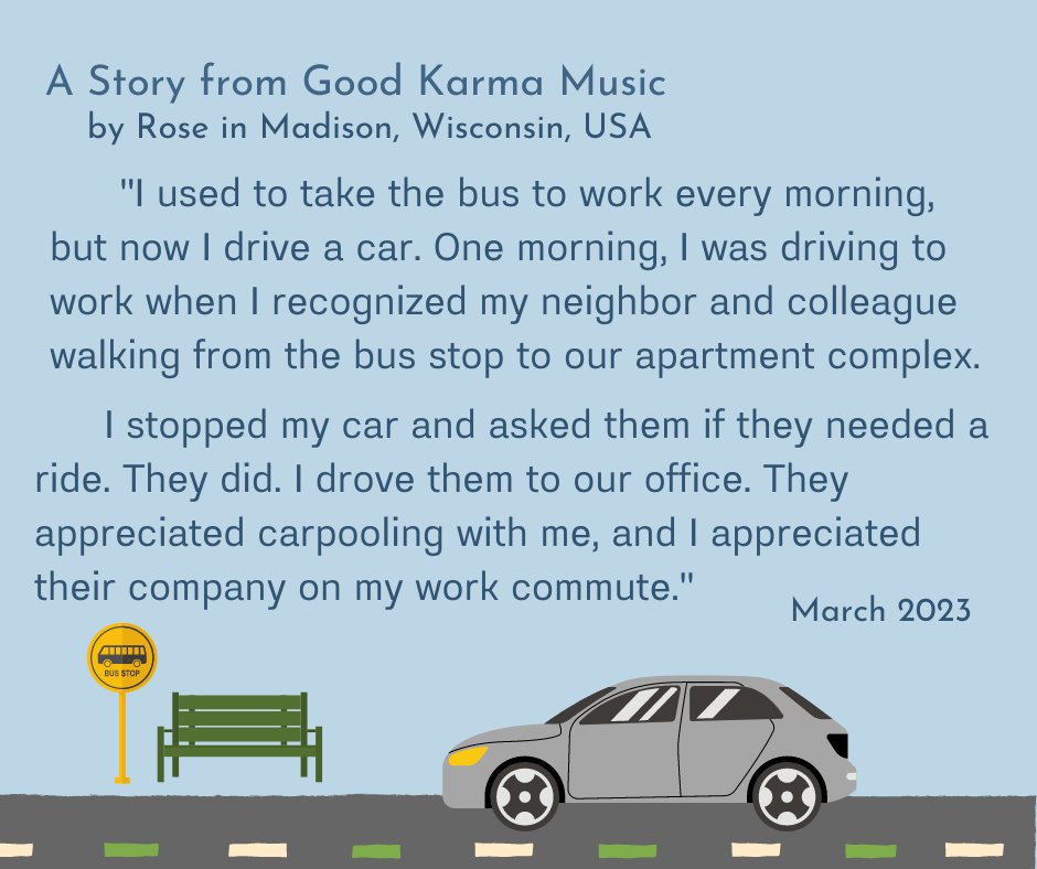 dharmaradiodrba's tweet photo. Rose in Madison, Wisconsin, who noticed fellow coworkers at the bus stop and decided to give them a ride, enjoying their company on the way to work.

Share a story of your kind act with us and get to choose an album to download for free at https://t.co/GNL2ENFUxE https://t.co/mBR5hiVJrt