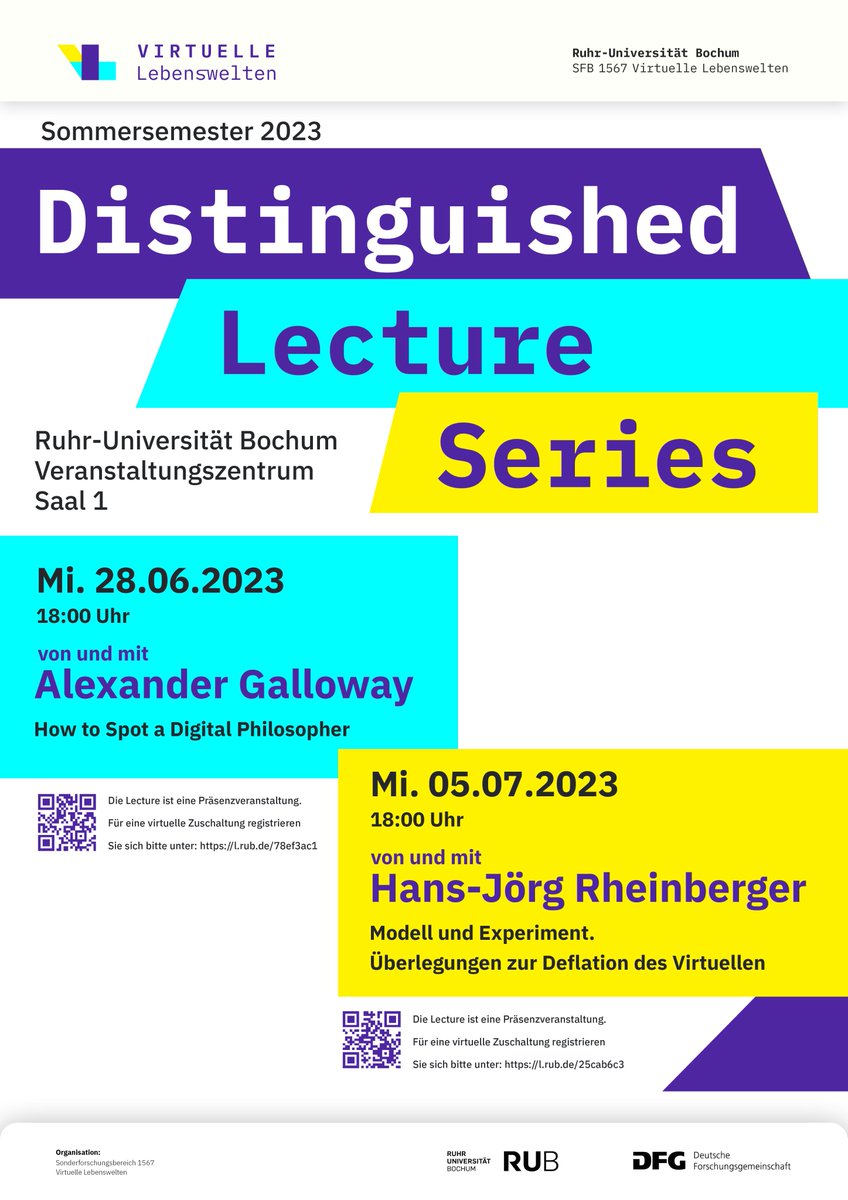 #SavetheDate Im Sommersemester 2023 starten wir im #SFB1567 mit der Distinguished Lecture Series. Wir  freuen uns am 28. Juni auf Alexander Galloway und am 5. Juli auf Hans-Jörg Rheinberger 
Infos⬇️
sfb1567.ruhr-uni-bochum.de/blog-post/dist…