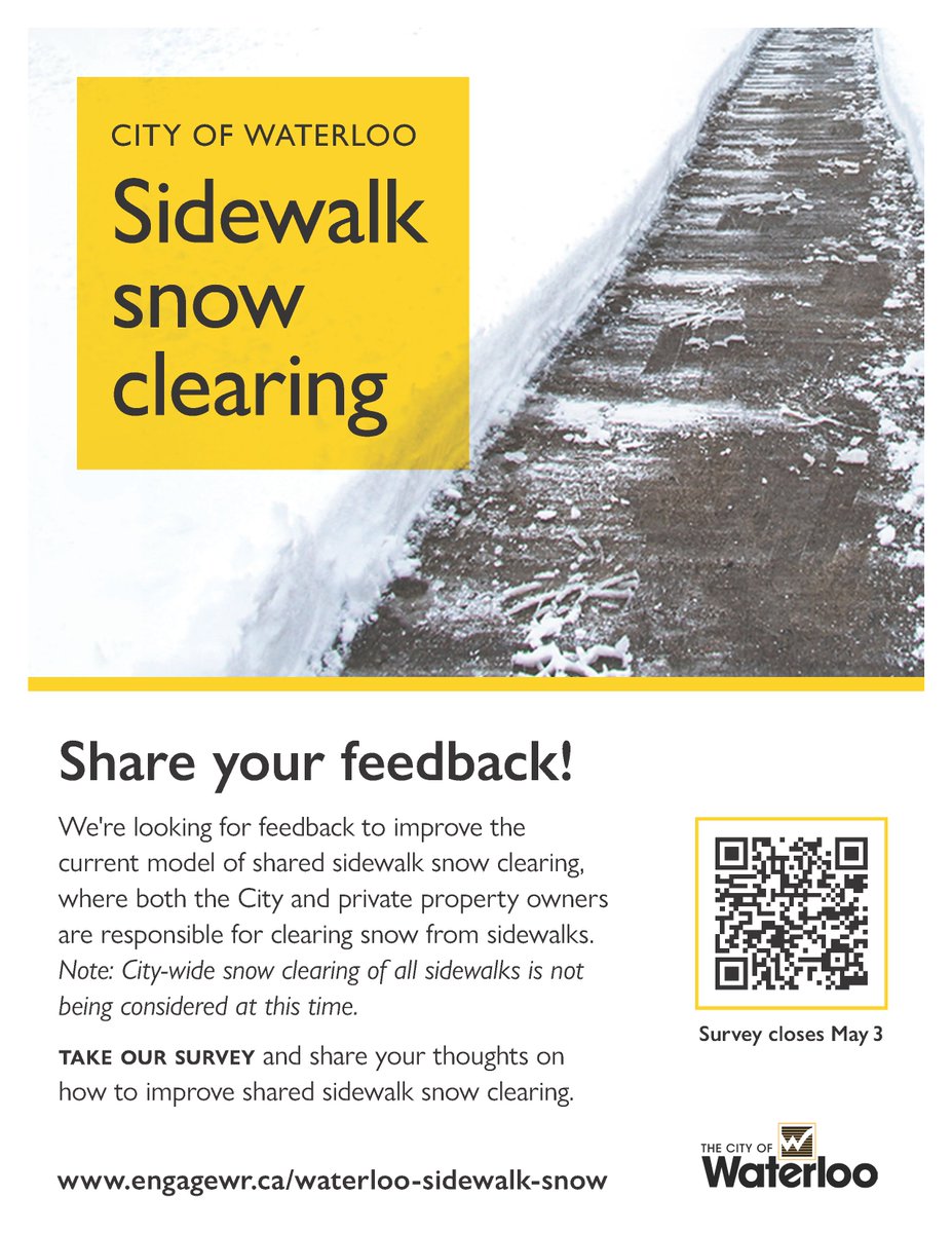 DaisyArseneault's tweet photo. Don't forget to take the @citywaterloo survey so we can improve sidewalk snow clearing here in #Waterloo. This survey closes on May 3rd #SnowmobilityWR If you need a more personal discussion with the team, please email team members found on this link: https://t.co/fdiBJnRMvs https://t.co/B9omS0IXQA