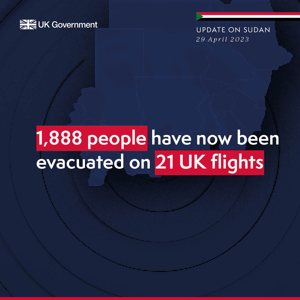 UKinSudan's tweet photo. NEWS: UK evacuation flights from Khartoum will end this evening, having evacuated 1,888 people.

We continue to work intensively alongside international partners to maintain the ceasefire and bring an end to the fighting in Sudan. 

🔗 https://t.co/IyL5QWRcaY https://t.co/i7VRMTHyYz