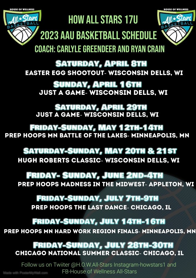 HOWAllStars1's tweet photo. 2023 AAU Team Schedules! Come support the House of Wellness 17U Boys team and 14U Girls team. 🙌🏽🏀💫 @JustAgame1 @PHCircuit @PrepRedzoneWI @CGreendeer https://t.co/GChRlPkqHY