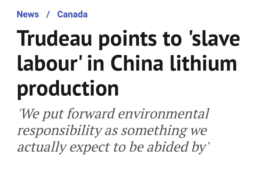 PierrePoilievre's tweet photo. Canada stopped producing lithium in 2019–even though we have the world’s 6th biggest supply—because Trudeau’s government takes 25 years to approve mines.

So he forces us to buy lithium car batteries made from slavery in China.

Let’s green-light green projects to bring home powerful paycheques.