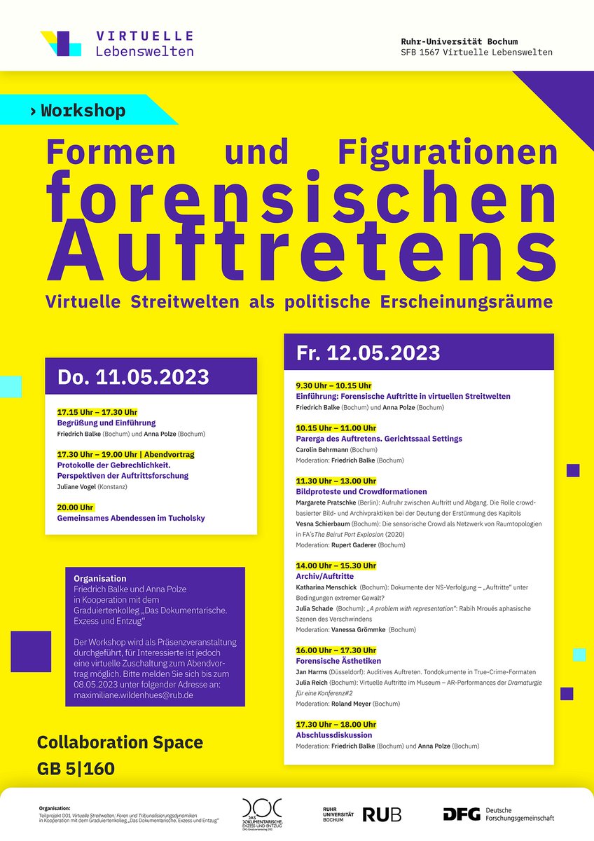 Am 11./12.05. findet im #SFB1567 der #Workshop „Formen und Figurationen forensischen Auftretens“ statt. Juliane Vogel <a href="/UniKonstanz/">Universität Konstanz</a> eröffnet mit einem Abendvortrag. Eine virtuelle Zuschaltung ist mit Anmeldung möglich!
Alle Infos ⬇️
sfb1567.ruhr-uni-bochum.de/blog-post/form…
#forensischeauftritte