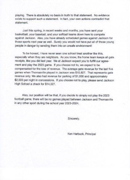 The Official letter from <a href="/JacksonFootball/">Jackson Aggies Football</a> Principal Ken Harbuck to Thomasville High Principal Mr Sims in response to <a href="/ThomasvilleTig1/">Thomasville Tigers Football</a> 🛑 stopping the 94 gm rivalry, played every yr since 1944..
Hopefully this will be worked out to benefit both high school football 🏈 programs.