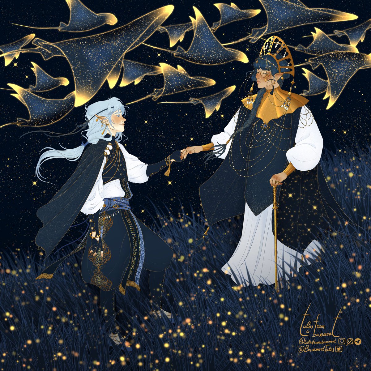 BasementTales's tweet photo. Larimar and Ainalrami, Vesper's dads. They've loved each other to pieces for decades.💙

#dnd #dndoc #DnDcharacter #elf #dnd5e #dndart https://t.co/nZcg30IFC5