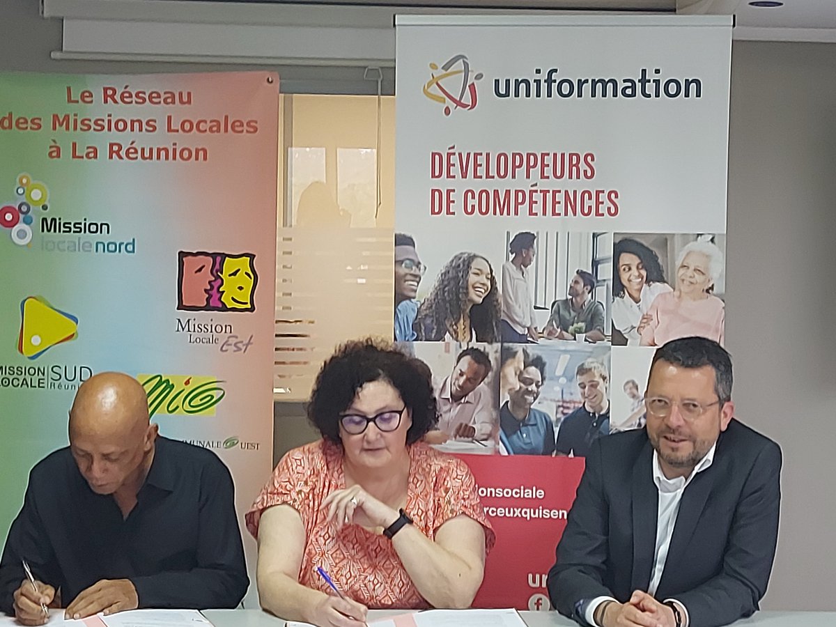 ARMLOceanIndien's tweet photo. Signature d’une convention cadre de partenariat : @ArmlReunion et @uniformation le 25 avril 2023 afin de développer la découverte des métiers auprès des jeunes des Missions Locales de La Réunion, renforcer les opportunités d’emploi et alternance(apprentissage, contrat GADIAMB) https://t.co/LLpi8lsbUd