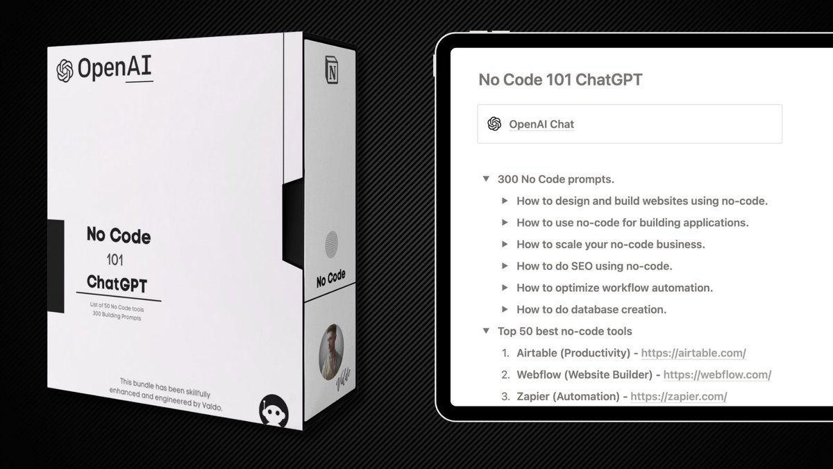 reachvaldo's tweet image. ChatGPT is heaven for no coders.
 
So I built 300 prompts + a list of the 50 best no code tools.

Normally $47

But for the next 24 hrs I've made it available, FREE of charge!

Like &amp;amp; Reply below with a "🔥"  and I'll send you the bundle.