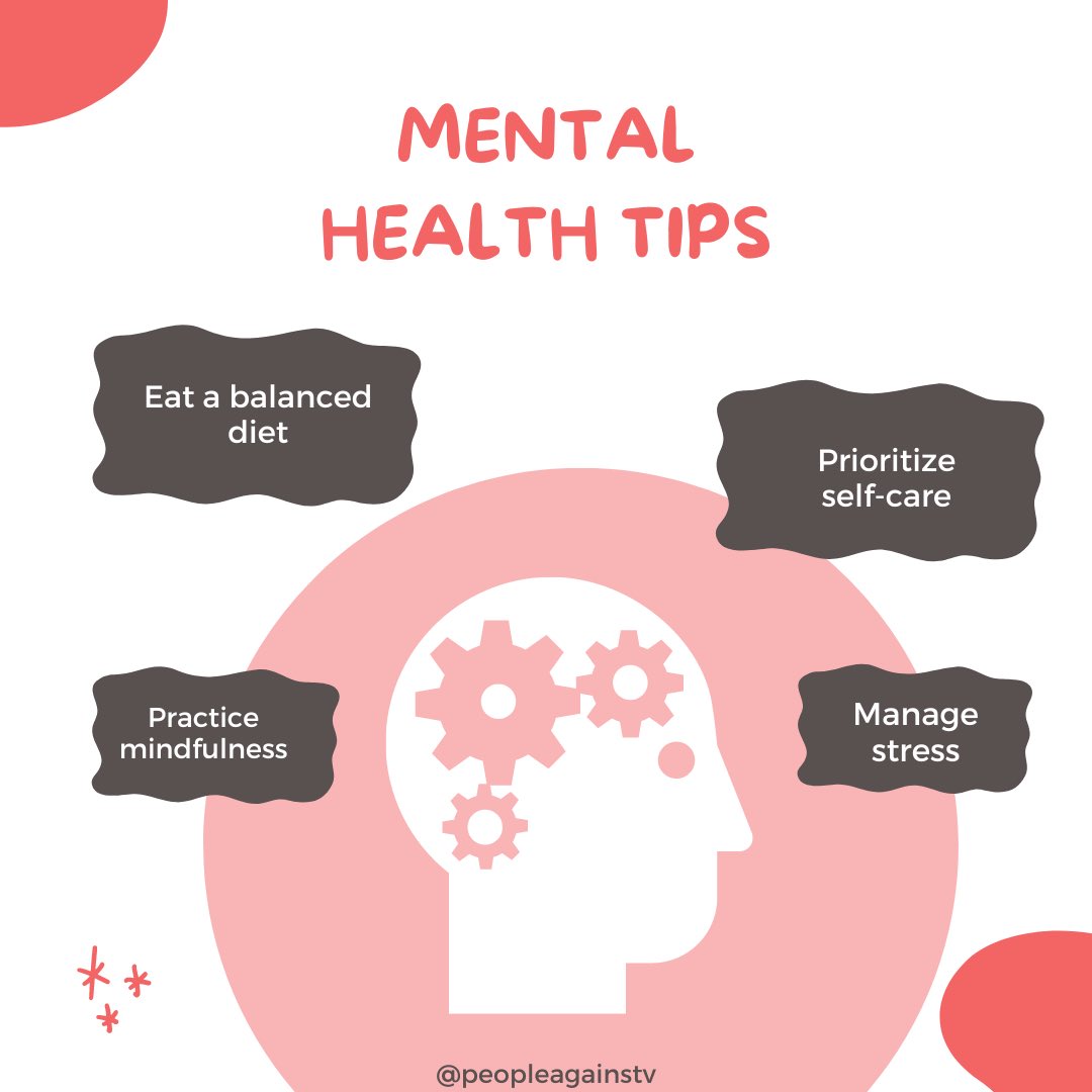 PeopleAgainstV's tweet photo. Your mental health deserves your attention! Take care of yourself with these simple tips: eat well, practice self-care, be mindful, and manage stress 🌿
.
.
.
#mentalhealthmatters #selflove #mindfulness #stressrelief https://t.co/TQrU5SFsNq