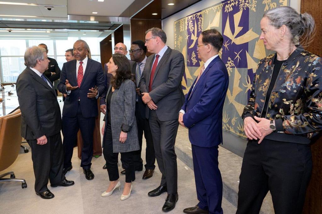 AmbMKamau's tweet photo. Last engagement yesterday for the SG’s advisory group meeting for the peace building fund. Debrief with UNSG. Exciting things ahead for peace building, and the new agenda for peace!! https://t.co/IYxvRKZqTr