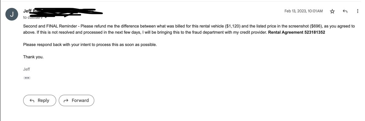 marmarshish's tweet photo. Warning to travelers and car renters. @Avis is an awful company that scammed us out of $424 and refuses to make it right. We have an email from customer service saying they would honor the price listed on their website for us, but instead they robbed us. @Avis Make it right. https://t.co/7SZb8ZldS1