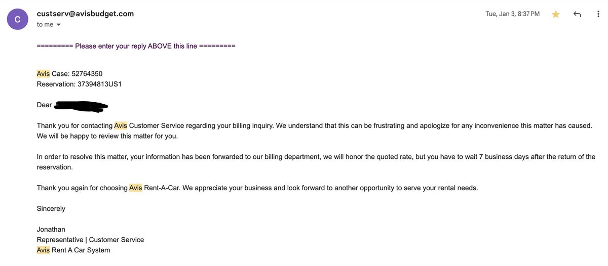 marmarshish's tweet photo. Warning to travelers and car renters. @Avis is an awful company that scammed us out of $424 and refuses to make it right. We have an email from customer service saying they would honor the price listed on their website for us, but instead they robbed us. @Avis Make it right. https://t.co/7SZb8ZldS1