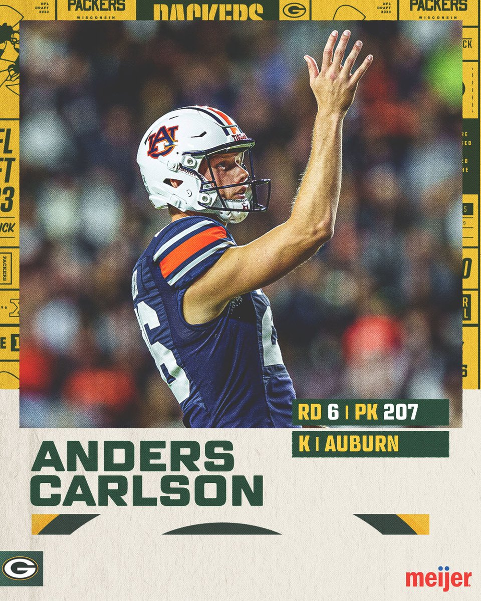 With the 207th pick in the 2023 #NFLDraft, the #Packers select Auburn K Anders Carlson!

#PackersDraft | <a href="/meijer/">Meijer</a>