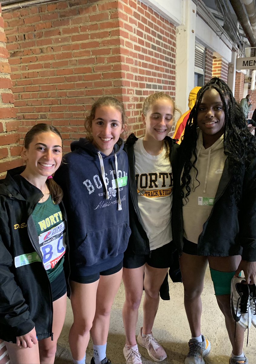 NHGirlsRunning's tweet photo. Penn Relays update:  4x400 team of Leah Rudolph, Danielle DiEsso, Lucy Sklar and Shelby Yager ran a season best of 3:58.81.  5th in heat but 30th overall.  3rd fastest NJ team.  
Poor weather, great efforts!  @NHHS_Lions @NHHSBoosterClub @NHPrincipal https://t.co/hfd0ntqBNw