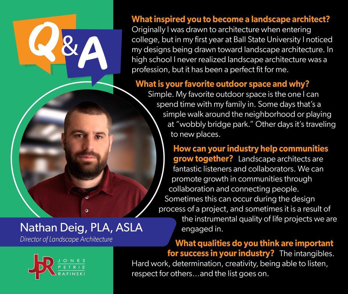 Meet Nathan. He was inspired to become a landscape architect at Ball State University, after he realized his designs leaned more toward landscape architecture. Turns out, it was a perfect fit! #WLAM2023 #LandscapeArchitect #JPR #GettingToKnowOurTeam