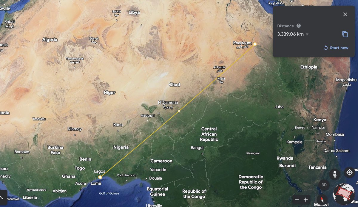 It's interesting to compare the distance between Sudan To Lagos and