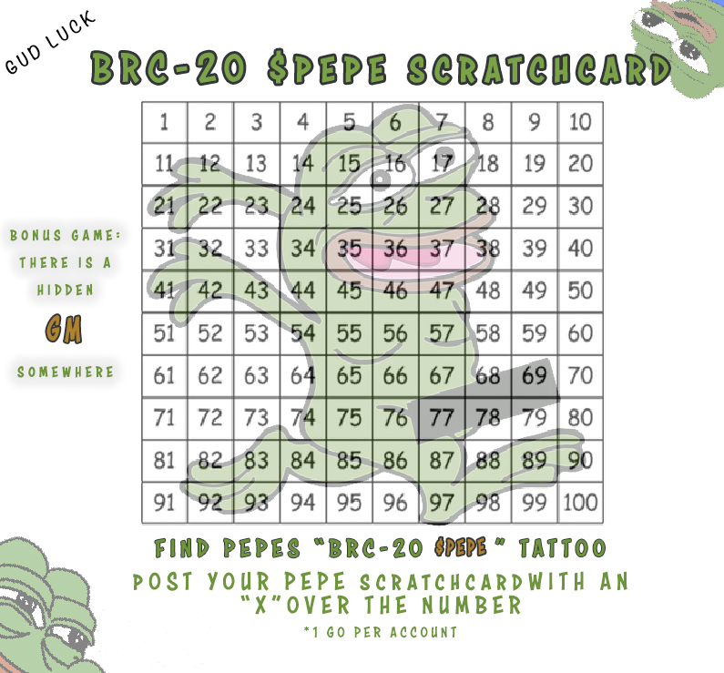 🐸🪄 ~ Scratchy 
Game Rules:  You get 1 " X " per game. 
tattoo's to find =
~pepe = 1000 $pepe winnings 🥇
~GM    =  500 $pepe   winnings🥈
the choice is in your hands frens
Entrants must 🔁 to win.
Screenshot and post below to WIN✨